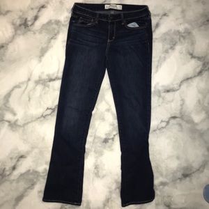 low rise, boot cut, dark washed jeans